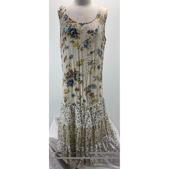 Robbie Bee Dresses & Skirts - Robbie Bee Floral Patchwork Maxi Dress Womens XL Blue Yellow Crinkle Boho Tiered